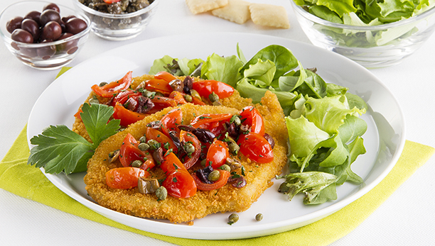 Cotoletta al forno farcita con olive, capperi e pomodorini